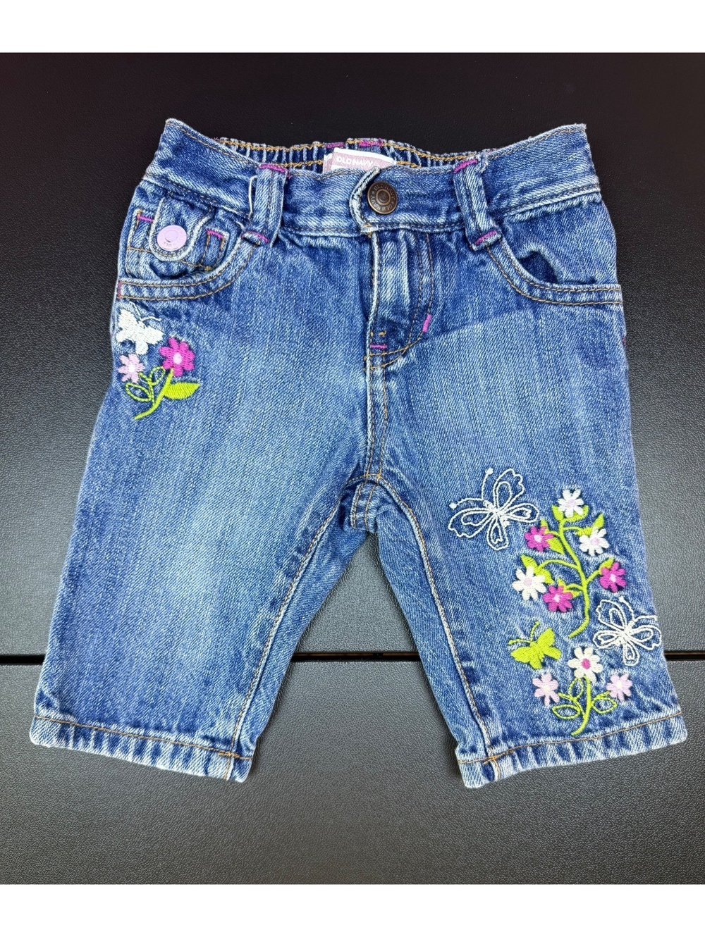 Y2K Old Navy Baby Girls 12-18M Embroidered Floral Butterfly Capri Jeans